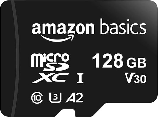 Amazon Basics MicroSDXC-Speicherkarte, 128 GB, mit SD-Adapter, A2, U3, 100 MB/s max. Lesegeschwindigkeit, Schwarz