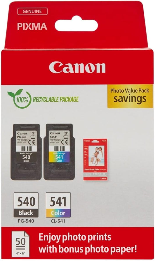 Canon Tinte & Papier Multipack - PG-540/CL-541 Original Drucker Tintenpatronen 2er-Pack (1 x Schwarz, 1 x Farbe druckerpatronen) & 4x6 Fotopapier (50 x Blatt)