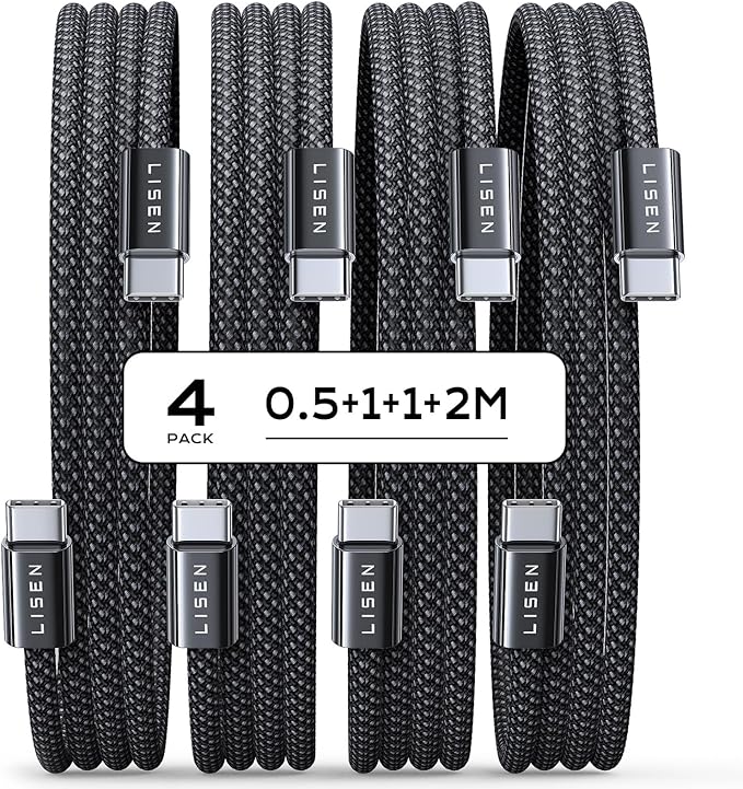 LISEN 60W USB C Kabel, [4er Pack, 0,5M 1M 1M 2M] USB C auf USB C Kabel Set, PD 3.0 Schnellladekabel USB C für iPhone 16 Ladekabel,Switch 2,iPhone 15, Samsung Galaxy S25, Pixel, MacBook Air 17, iPad